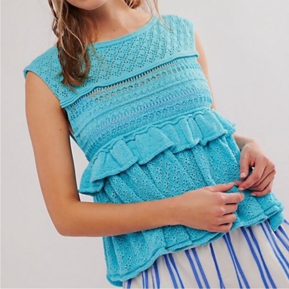 Free People XSmall Top Juliette Ruffle tiered crochet open back wave rider blue - Picture 1 of 9